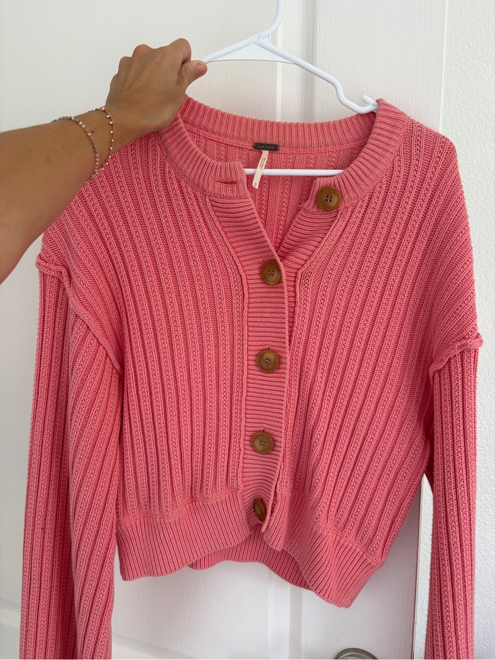 Free People Pink Ribbed Button-Front Cardigan